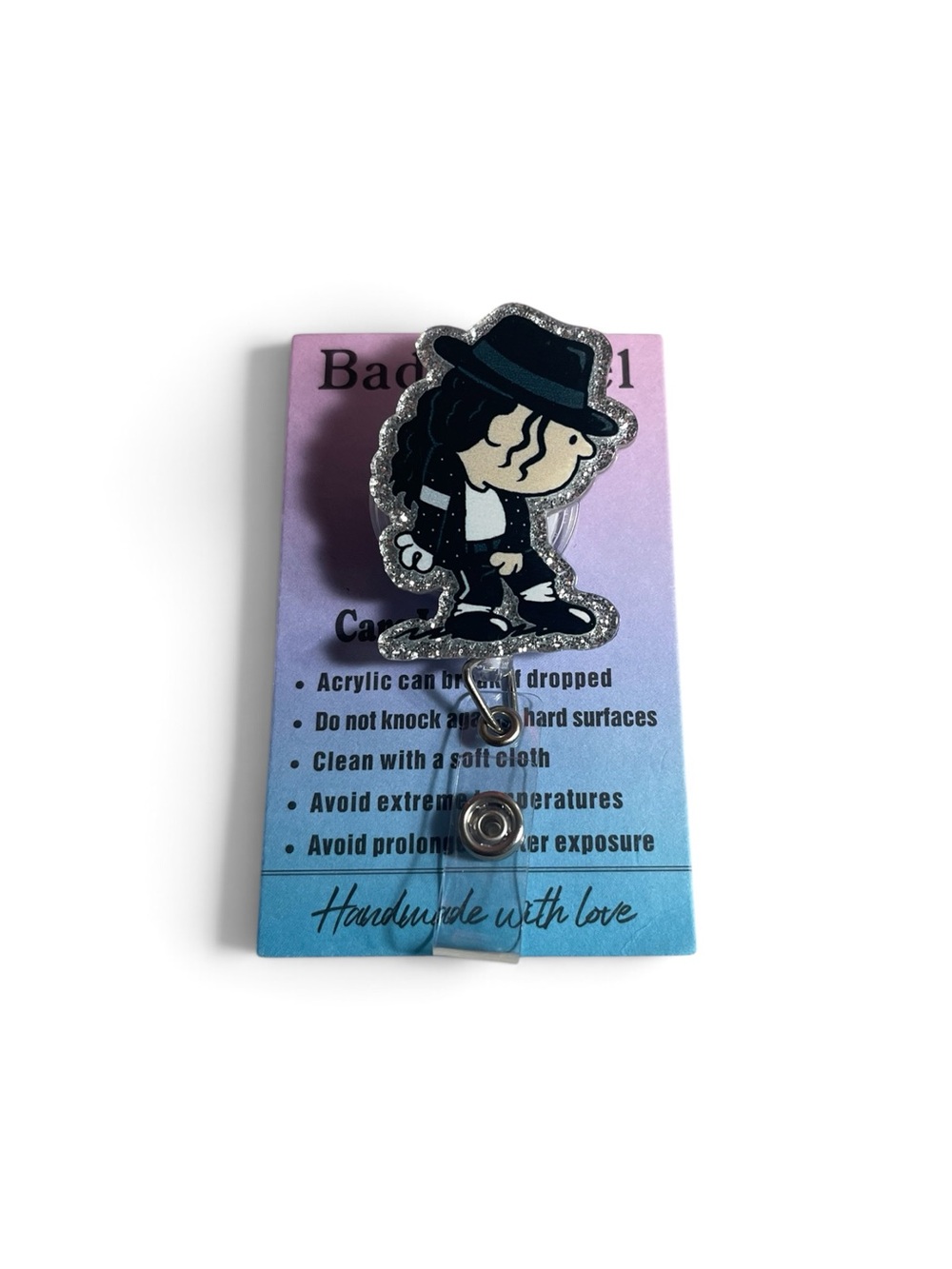 Michael Jackson Cartoon Acrylic Badge Reel - Black & Silver